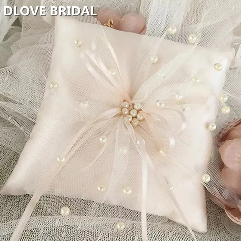 

European Romantic Bridal Wedding Ring Pillow Handmade Champagne Satin Ribbon Cushion Decor for Wedding Ceremony with Pearls