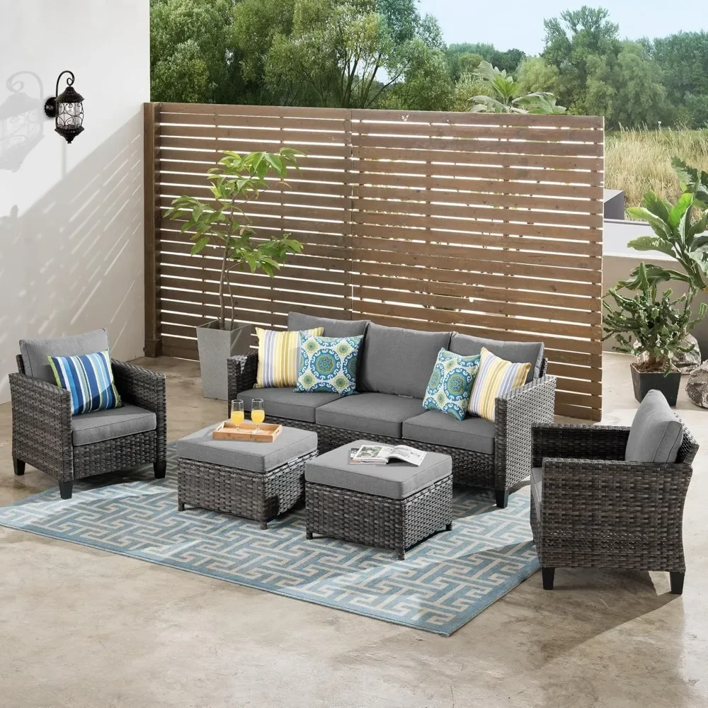 Patio furniture set, 5 pieces of outdoor wicker rattan sofa with loveseat, ottoman and cushions, high back set garden backyard