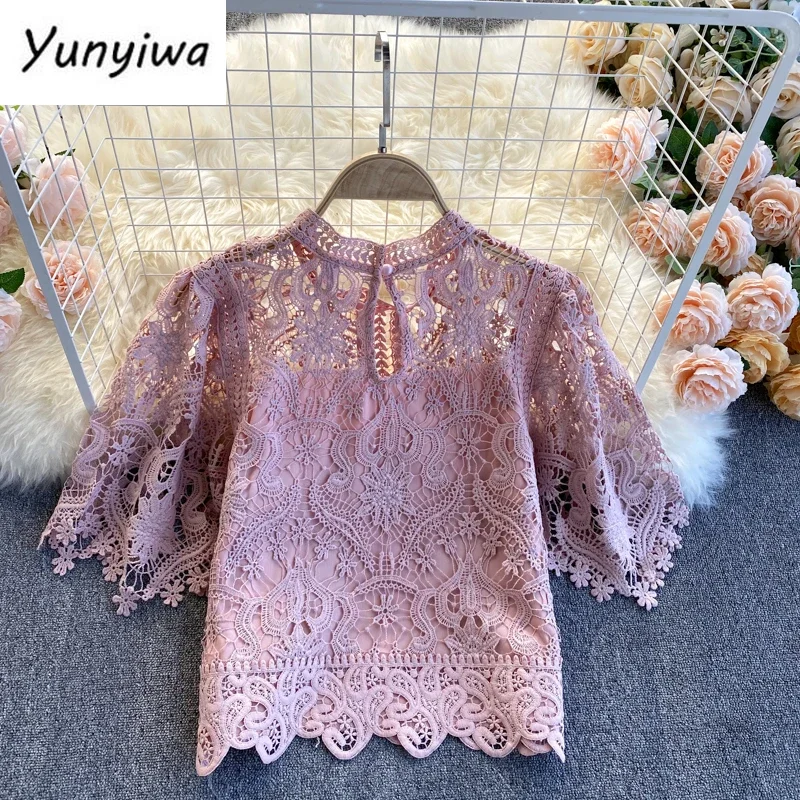 Korean Woman Clothes Blusas Mujer De Moda Fashion Shirts Hollow Out Floral Blouses Women Lace Laides Cropped Tops