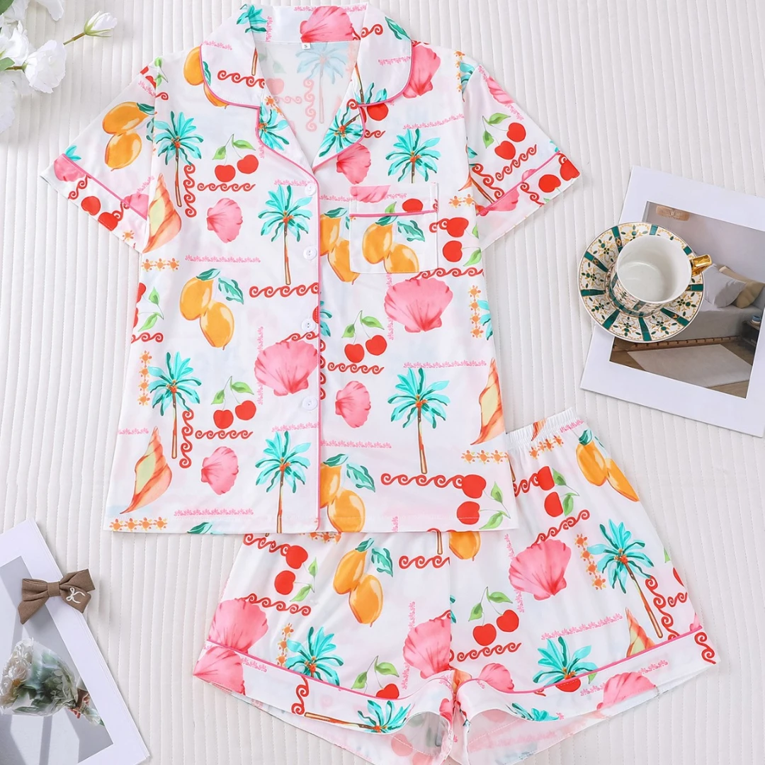 

Женский пижамный комплект с принтом морской флоры и фауны, с отложным воротником, короткими рукавами и шортами, домашняя одежда, подарки