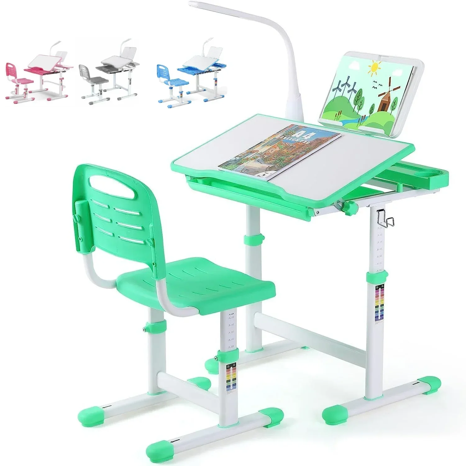 Escritorio para niños y estudiantes, mesa ergonómica y juego de sillas, con cajón, soporte de lectura, lámpara LED regulable, altura ajustable