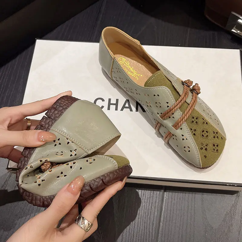 

2024 Newly Square Toe Women's Flats Designer Cutout Shoes Ladies Wide Fit Soft Leather Moccasins Female Driving Sneakers