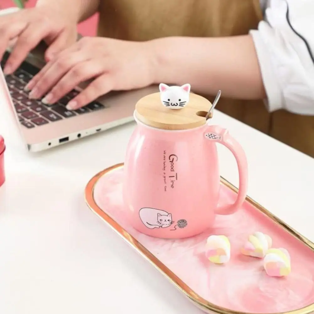 

Kawaii японский стиль мультяшная кружка с котом 450 мл с деревянной крышкой кофейная кружка керамическая с ложкой чайная чашка офис