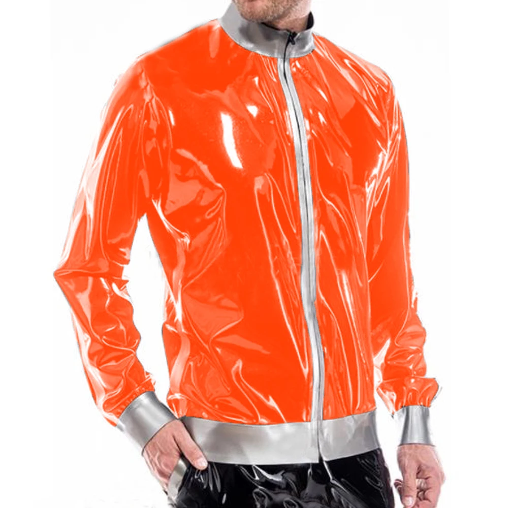 Men's Wetlook PVC Leather Jacket, Long Sleeve, Zipper, Stand Collar, Patchwork Coats, Male Training Sportswear, Shiny Clubwear