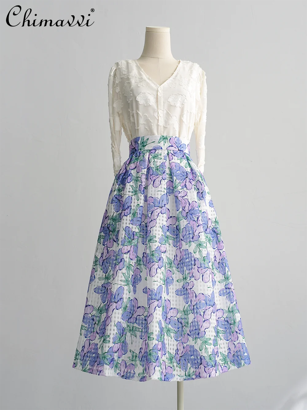 

French Pastoral Style Fashion Print Pleated Skirt High Waist A-line Elegant Commuter Versatile Long Skirts for Women Summer 2026