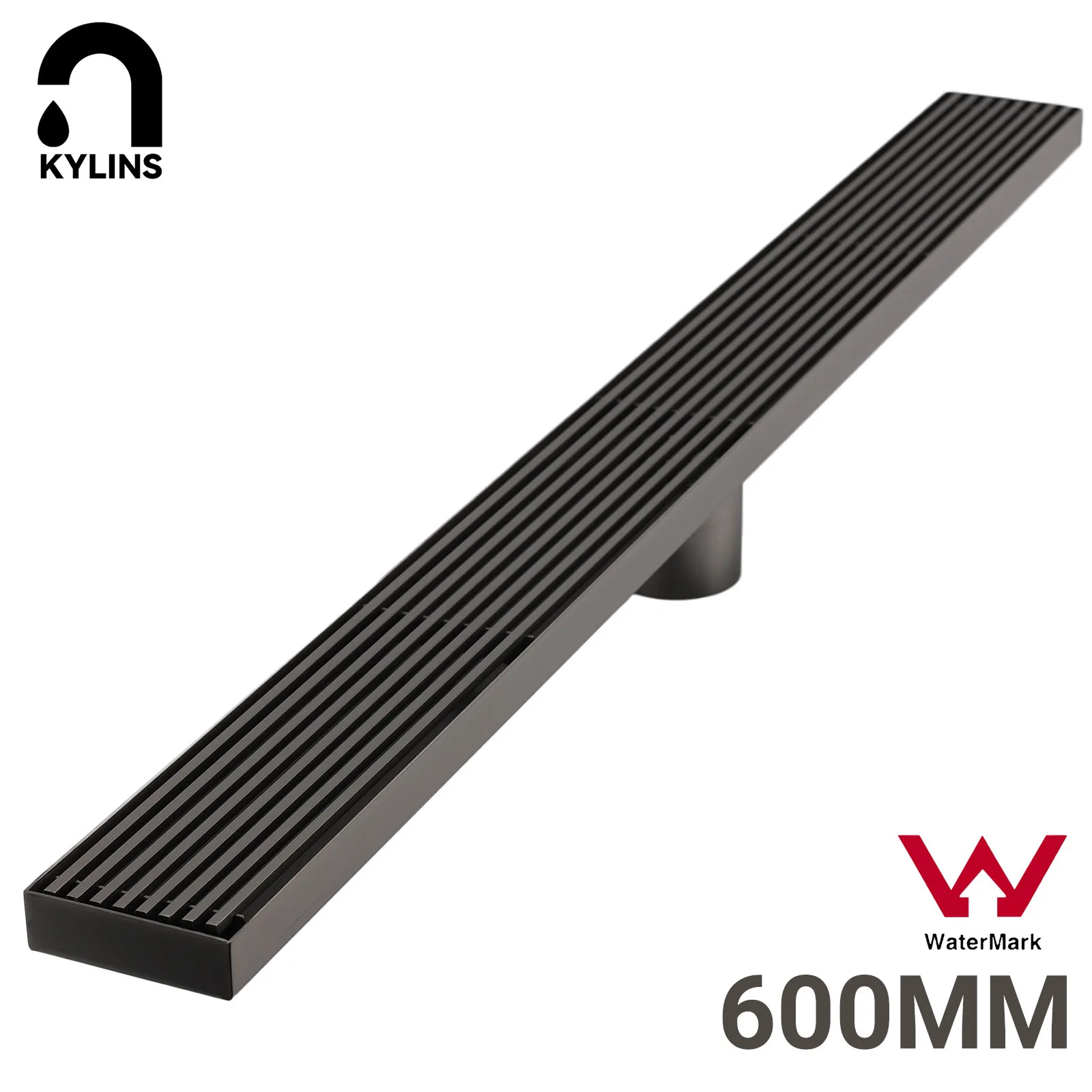 **Sydney Stock** KYLINS Shower Grate Gun Metal 600mm Slim Linear Stripe Fence Floor Drain 50mm Outlet