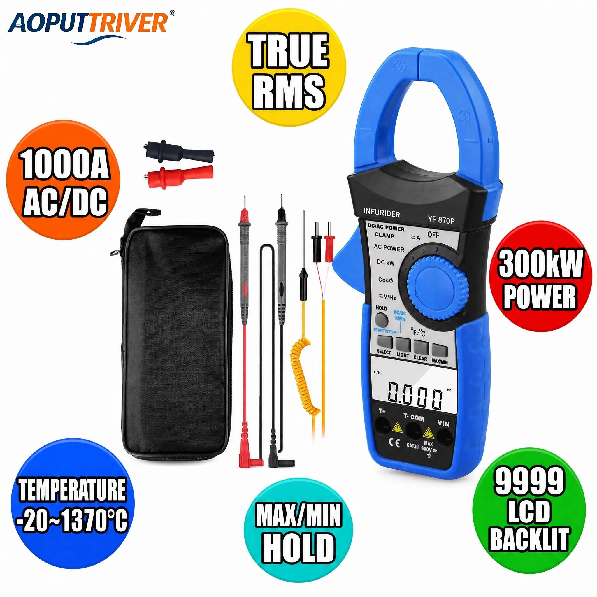 HP-870P True RMS Digital Clamp Meter 1000A AC/DC Current 600V Voltage Power Factor Energy Temp Tester Electrical Multimeter