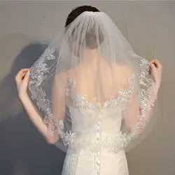 Wedding Lace Short Sparkle Waist 2 Tier Soft Tulle Bridal Veils with Comb White Ivory