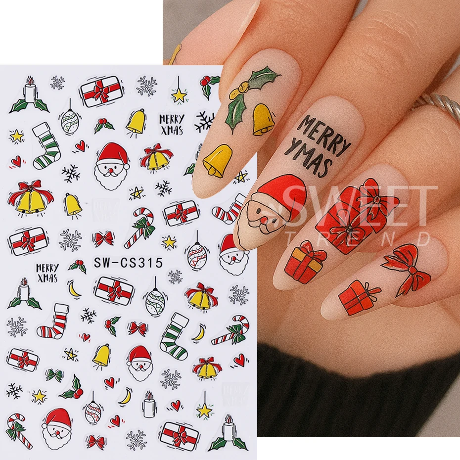 3pcs Cartoon Christmas Nail Stickers Self-Adhesive Gingerbread Snowflake Bell Nail Decals Christmas Stocking Gift Manicure Decor