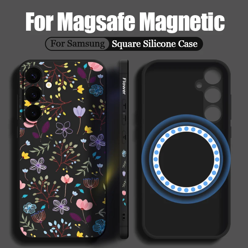 Magnetic For Magsafe Flower Print Case For Samsung Galaxy S24 S23 Ultra S22 S21 S20 FE Lanyard Cover Built-in Metal Plate Coque