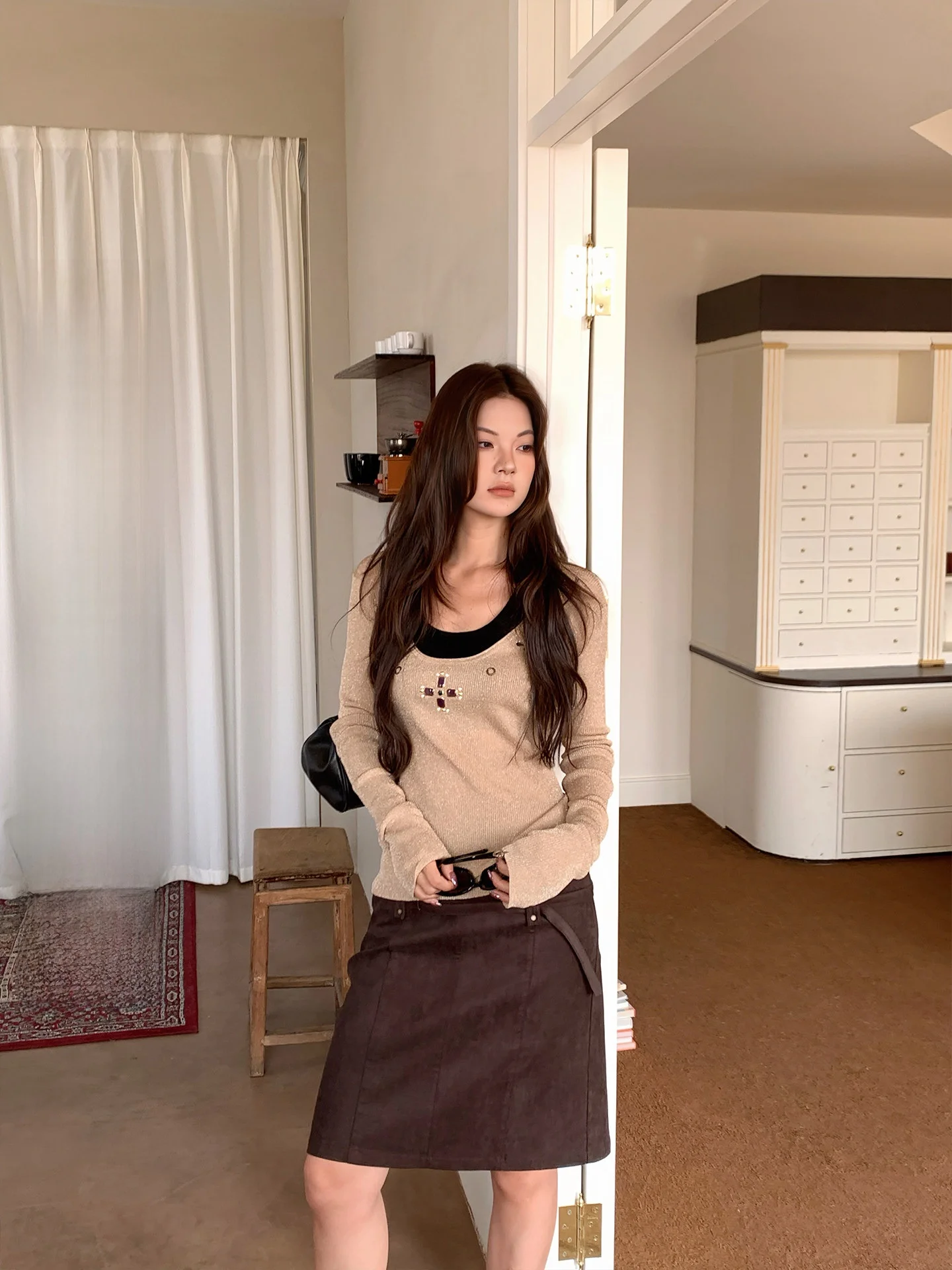 

Женский шерстяной свитер MAR с термостразами, ранневесенний, приталенный, комплект из двух предметов, топ для ношения под одеждой, винтажный, с длинным рукавом