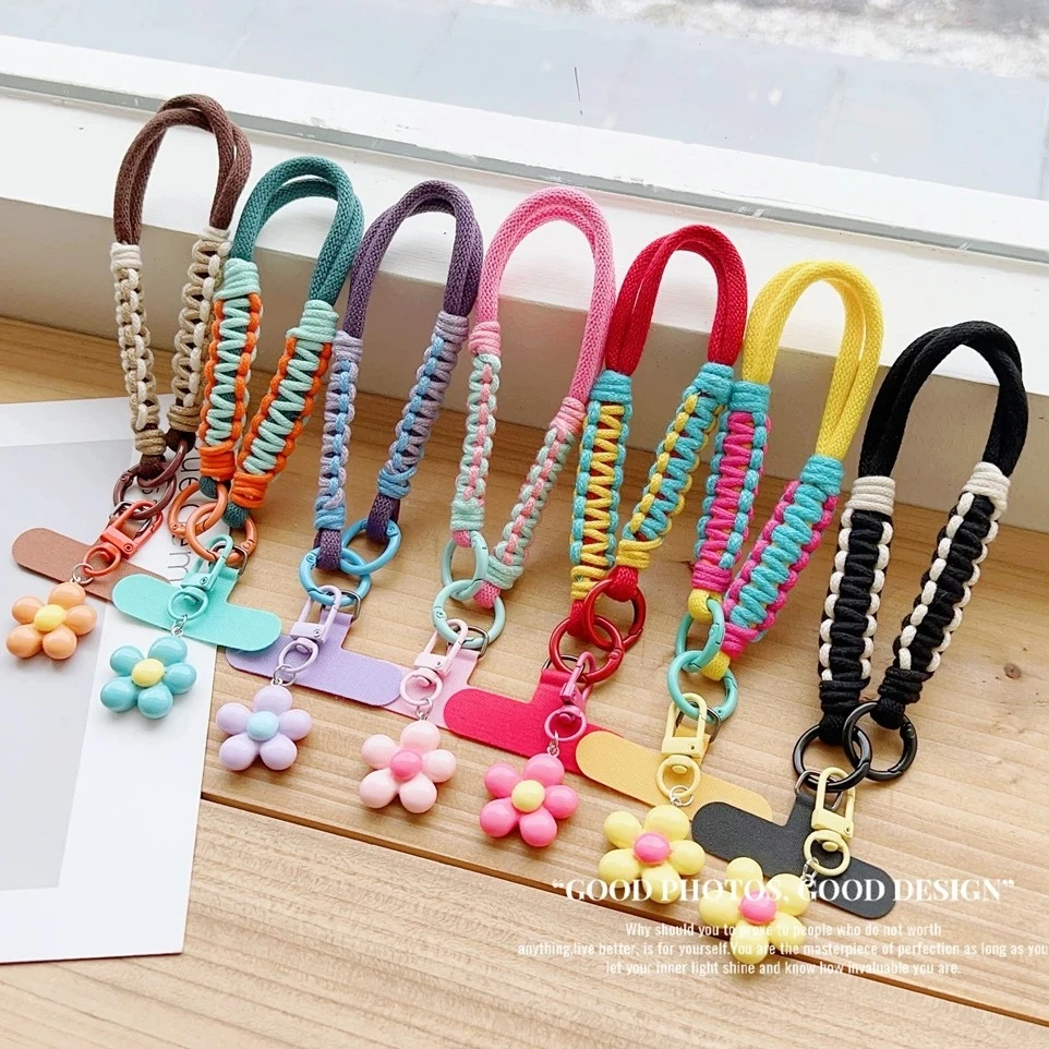 

Universal Braided Mobile Phone Lanyard Strap Hanging Chain Ring Cord with Patch Wrist Strap Cell Phone Detachable flower pendant