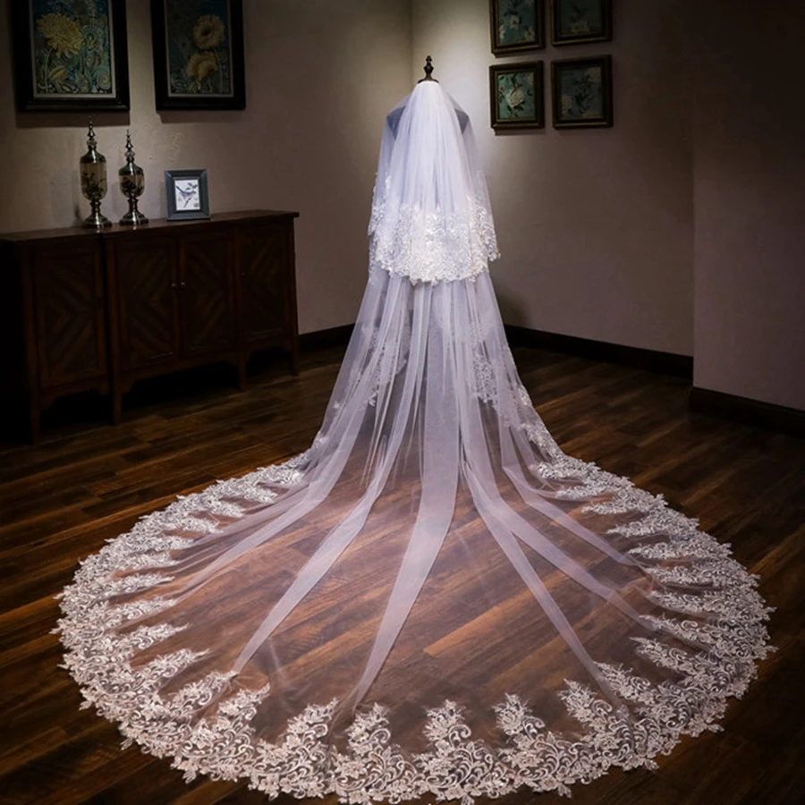 New Arrival Ivory Cathedral wedding veils for bride 3D Flowers Velos de novia Sexy Bridal Veils velo nupcial Long Veil