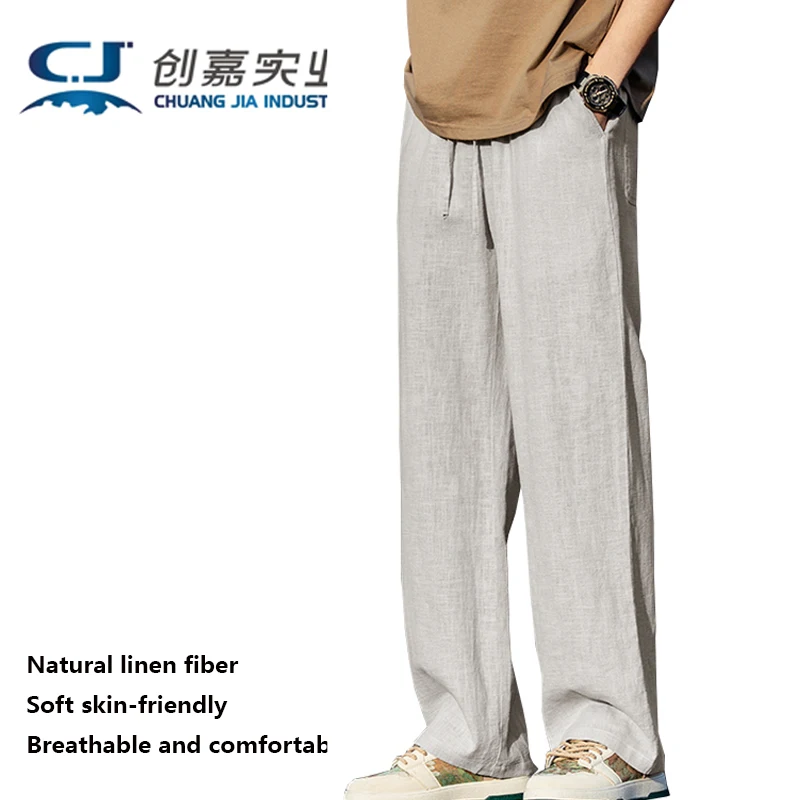 High-end Natural Pure Linen Men's Trousers Black Straight Leg Retro Slacks Plus Size 6XL Fat Men Outdoor Leisure Comfortable