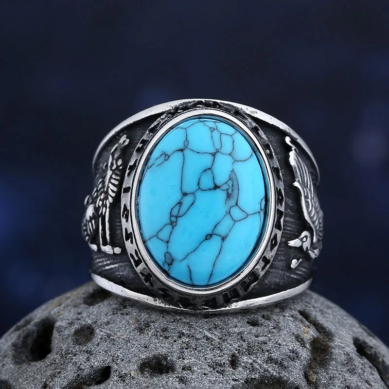 Retro 2024 New Fashion 316L Stainless Steel Viking Runes Odin And Wolf Ring With Blue Stone Biker Cool Jewelry Boyfriend Gift