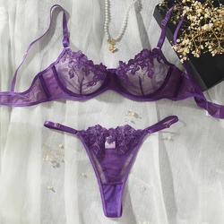 Sexy Lingeries Purple Tulle See Through Lingerie French Intimate Female Underwear Romantic Sexy Set Steel Ring Bra and Panty Set