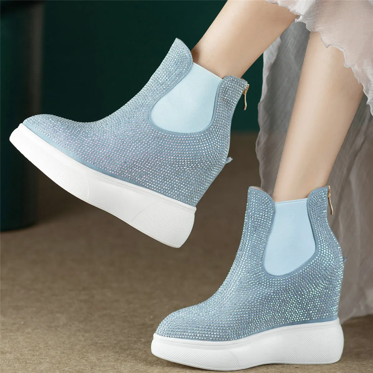 Rhinestones Platform Pumps Shoes Women Genuine Leather Wedges High Heel Ankle Boots Female High Top Pointed Toe Fashion Sneakers