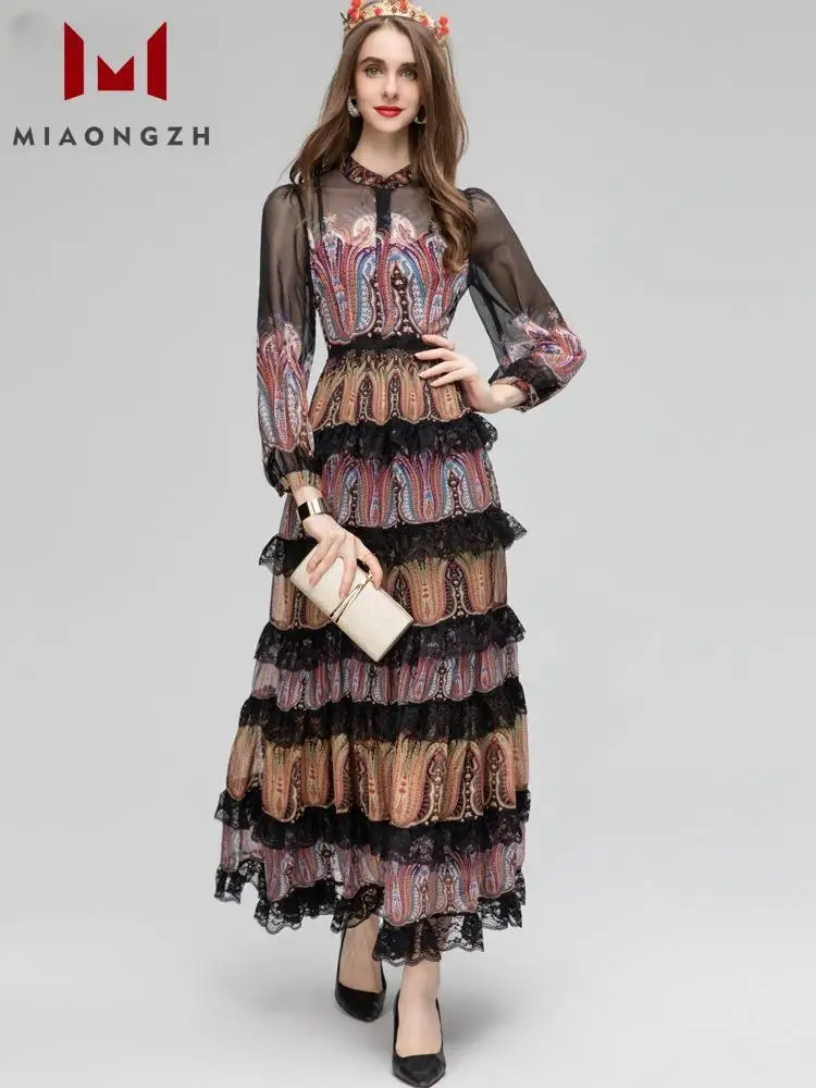 

Fashion Vintage Dress For Women Stand Collar Long Sleeve Slim Lace Oil Painting Printing Evening Party Dresses 2024 New Summer