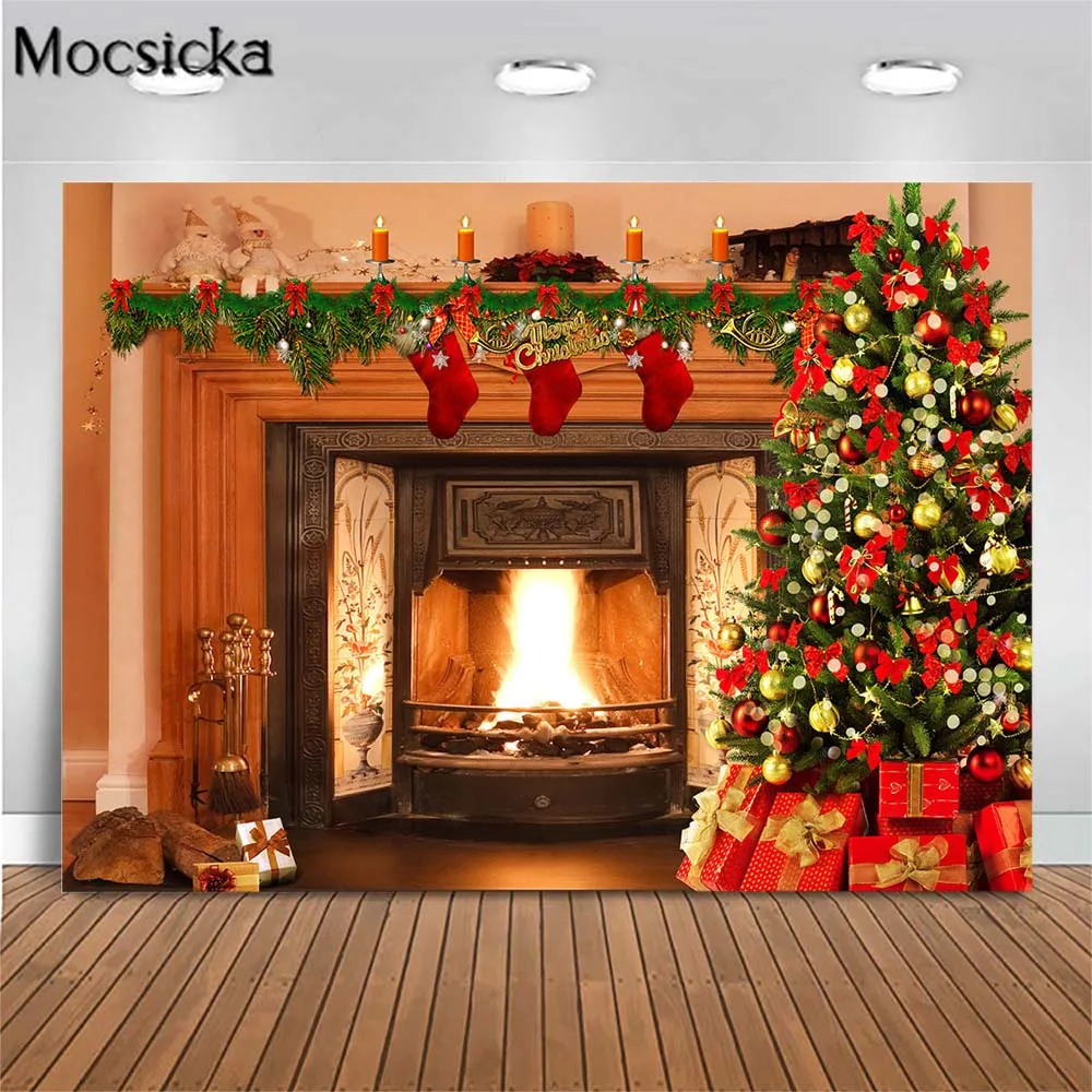 

Mocsicka Christmas Fireplace Backdrop for Photo Studio Photography Christmas Tree Gifts Family Portrait Photo Background Decor