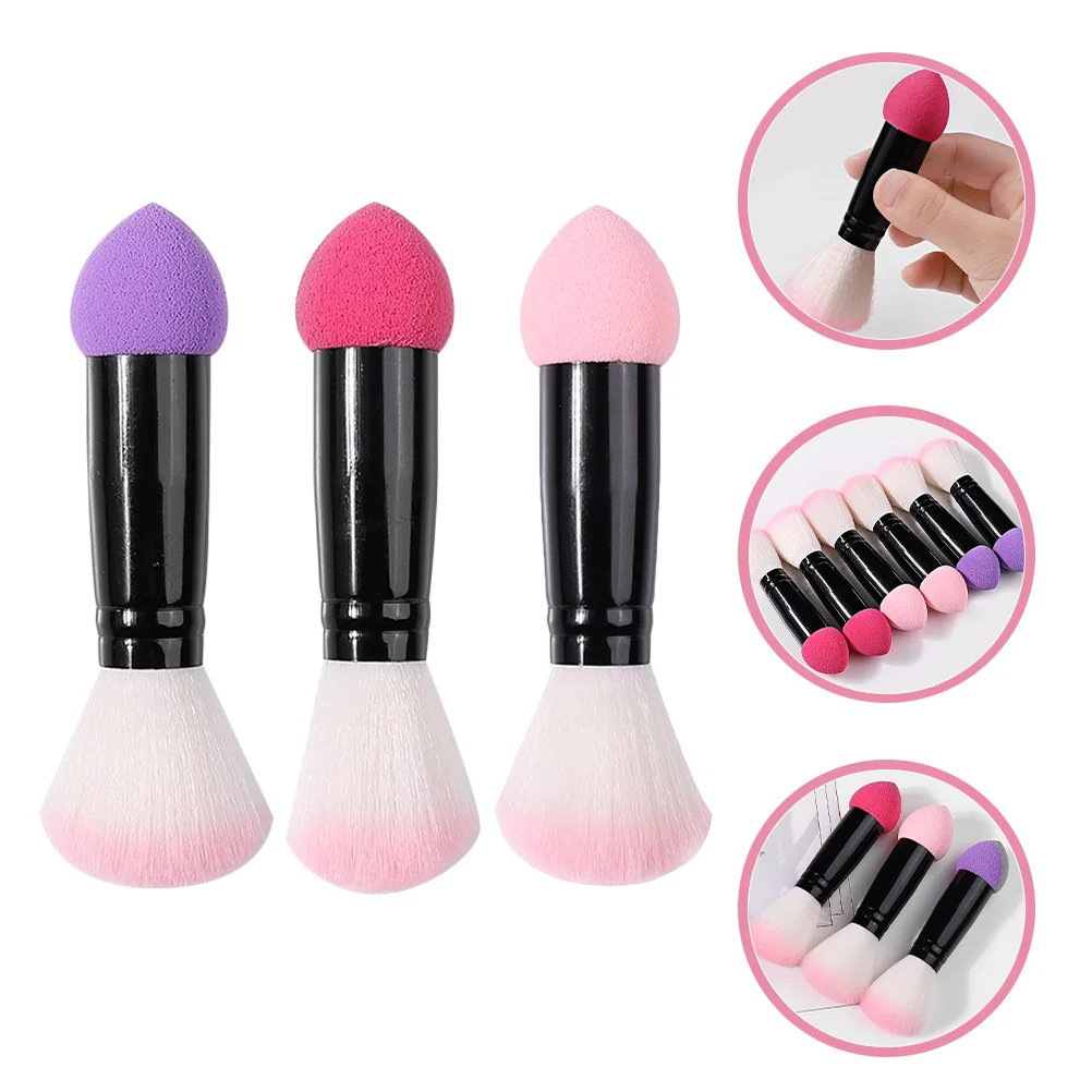 3 pçs pincéis de maquiagem de ponta dupla blush pó escova acabamento natural macio compacto portátil contorno escova dupla face maquiagem