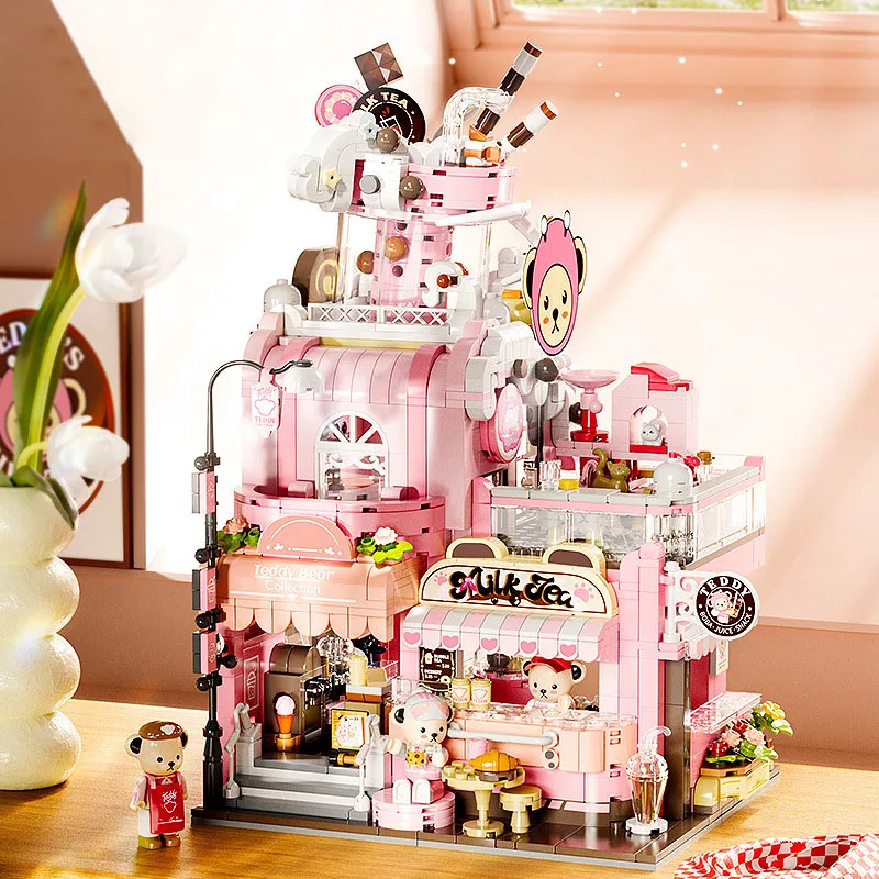 

Creative Building Block Teddy Milk Tea House Building Brick City Street View Bear Figures Toys With LIGHT Construction For Gifts