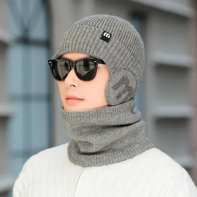Outdoor Winter Men Knitted Hat Snood 2 pcs/set Plush Warm Peaked Cap Earmuff Casual Cysling Riding High Qulity Model Beanie Men