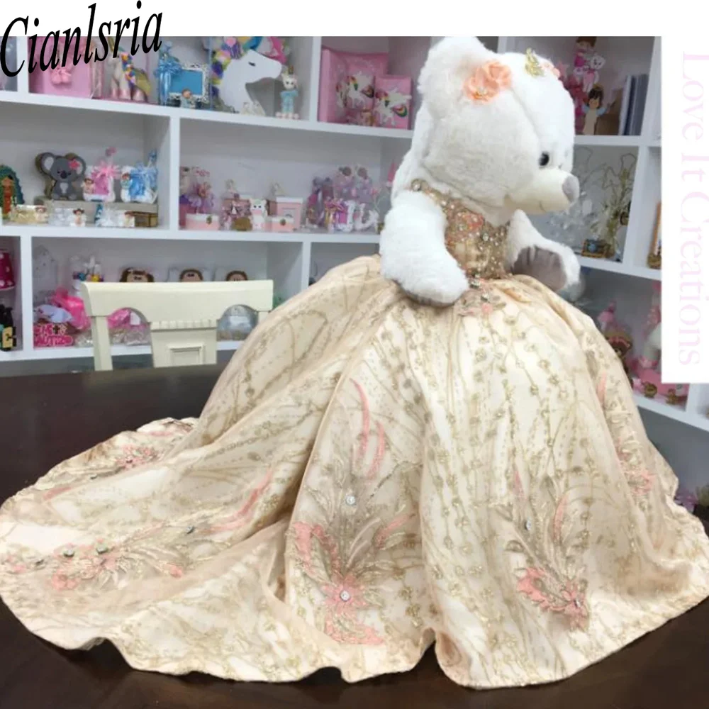 Luxury Personalized Quinceanera Teddy Bear Dresses Cape Beaded 3D Flowers Mini Customized