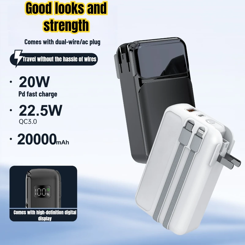 

20000 мАч большой емкости с 2 линиями, 22,5 Вт, внешний аккумулятор для быстрой зарядки с разъемом переменного тока для IPhone 16, запасной аккумулятор Samsung Xiaomi