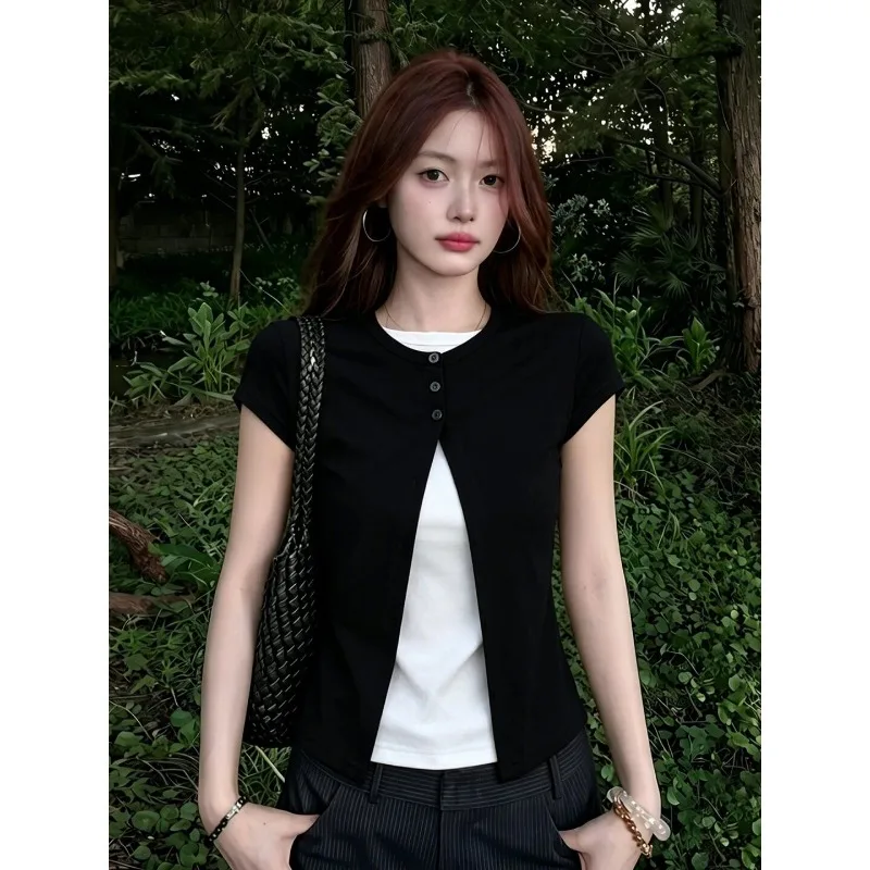 T Shirts Women Patchwork Short Sleeve Sweet Preppy Style Crop Tops Vintage Summer Fashion  Tee Shirt