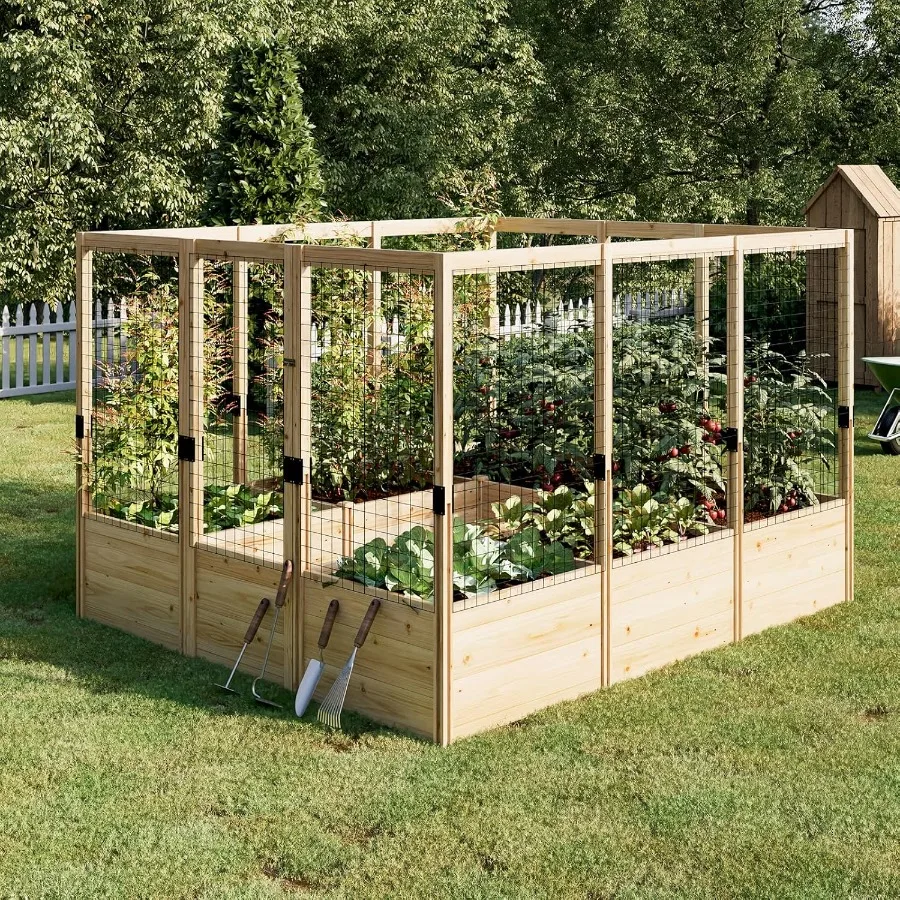 

Wooden Raised Garden Bed for Outdoor 1.6FT Depth Large Planter Box with Netting for Gardening Vegetables Flowers Herbs 7.5× 8.9