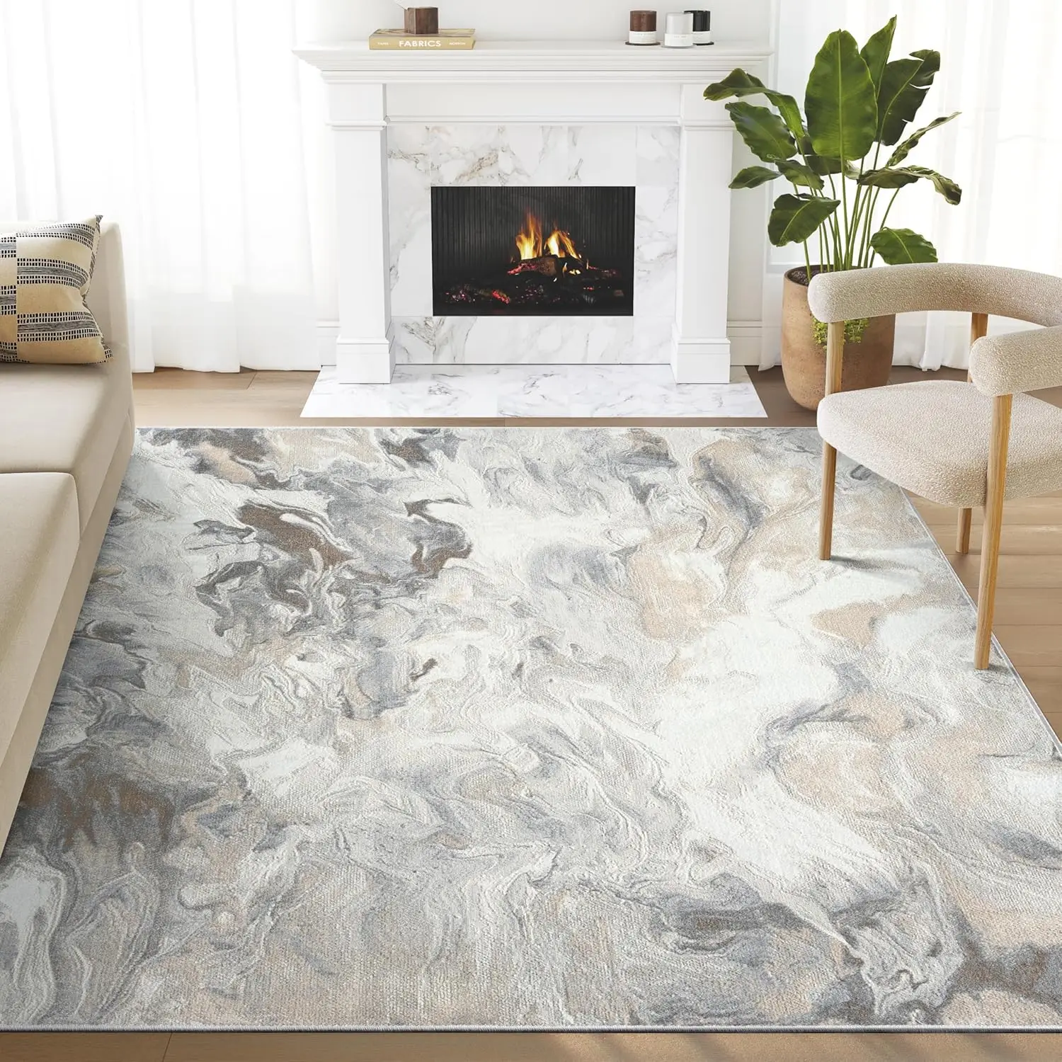 Regal Beige Grey Area Rug For Living Room, Bedroom - Swirl Abstract Pattern - 10' X 14' - Durable & Easy To Clean