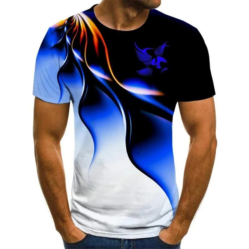 Men's T-shirt with gradient flame and wave print, eagle and hawk graphic, round neck, short sleeves, street style style.
