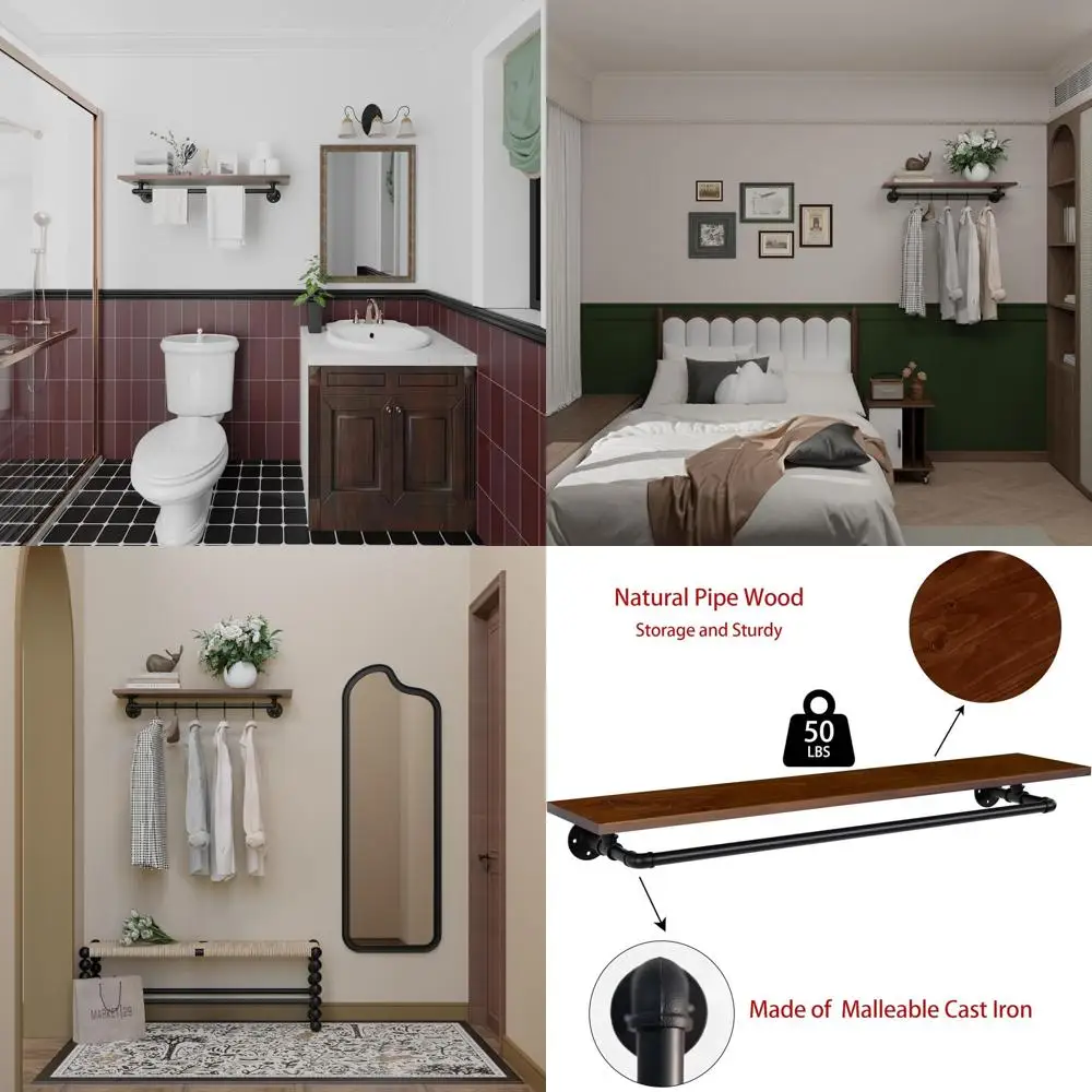 

36 Wall-Mounted Walnut Wood Clothes Rack with Shelf, Heavy-Duty Hanging Rod for Space-Saving Storage