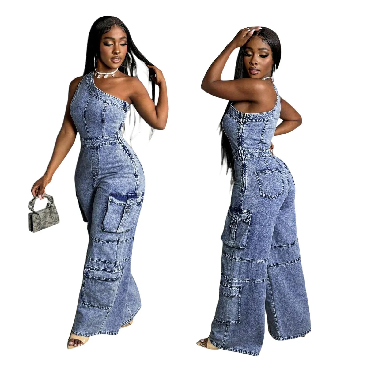 

Jumpsuits Women Cargo Jean One Shoulder High Waist Wide Leg Pants Loose Safari Style Spliced Washed Distressed Pockets