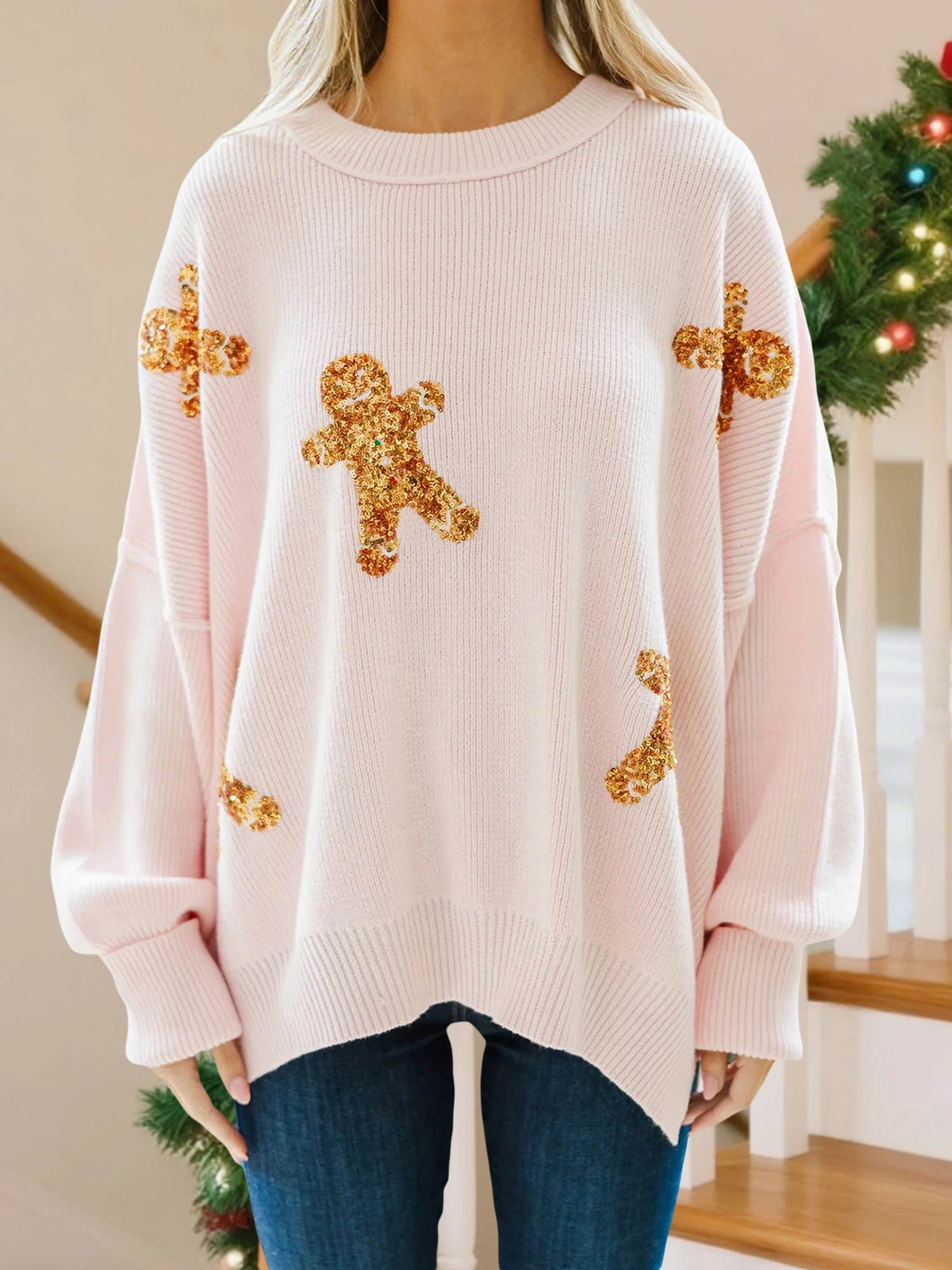 

Women s Festive Holiday Knit Sweaters with Sequin Detailing and Cozy Loose Fit - Long Sleeve Round Neck Pullovers for Christmas