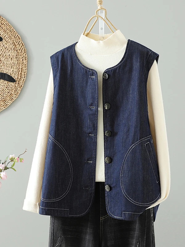 

Retro Japanese Sle Deep Blue Denim Vest Women's Spring Autumn Layering Svel oulder Pad Loose Top Outerwear