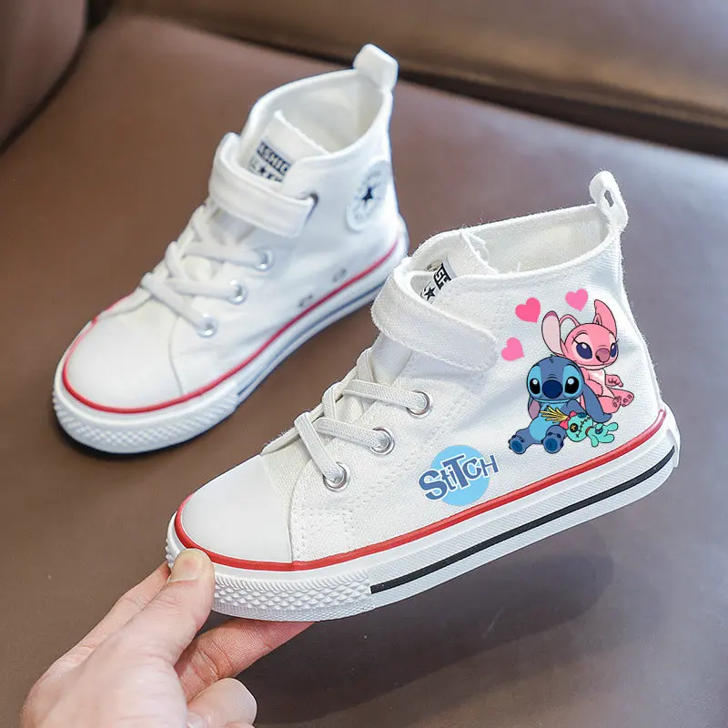 Stitch Children High Top Canvas Shoes Cartoon Stitch Kids Canvas Tennis Shoes Girls Boys White Casual Sneakers Size 25-36