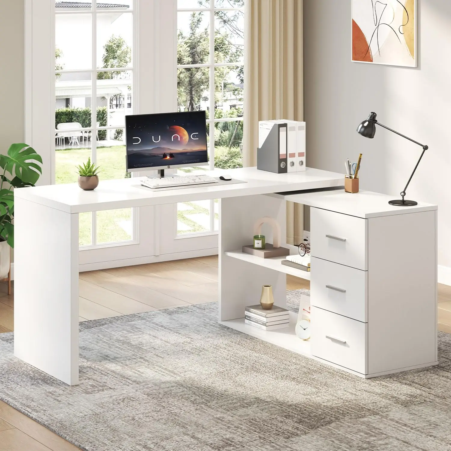 White L Shaped Desk with Drawers Shelves, 360 Rotating Office Computer Desk with Storage Cabinet, Corner Home, Customized