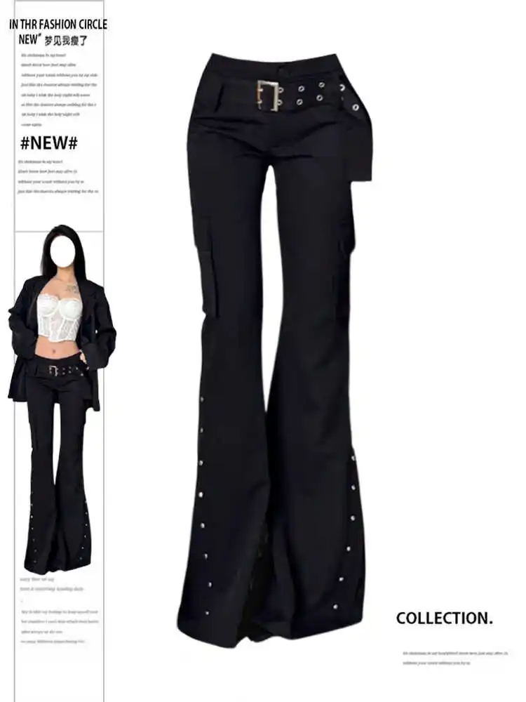 

Women's Black Gothic Flare Pants Baggy Oversize Low Waist Long Cargo Pants Japanese 2000s Style Y2k Emo Vintage Trousers Clothes