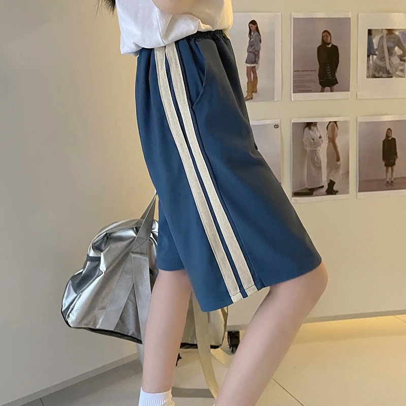 American Striped Shorts Women 2024 Summer New Casual Sport High Street Straight Leg Office Lady Versatile Short Pants Female