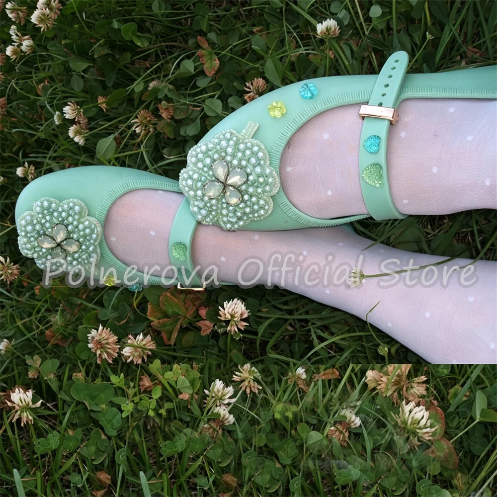 Rhinestone Flowers Decor Women Mary Jane Shoes Y2K Round Toe Buckle Strap Flat Pumps Vintage Outside Casual Daily Dress Shoes