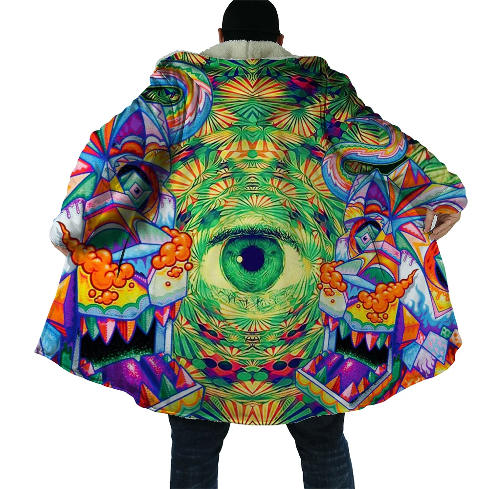 CLOOCL Winter Men\'s Hooded Cloak Artistic Psychedelic Eyes 3D Printing Fleece Hooded Coat Unisex Thick Warm Cape Coat