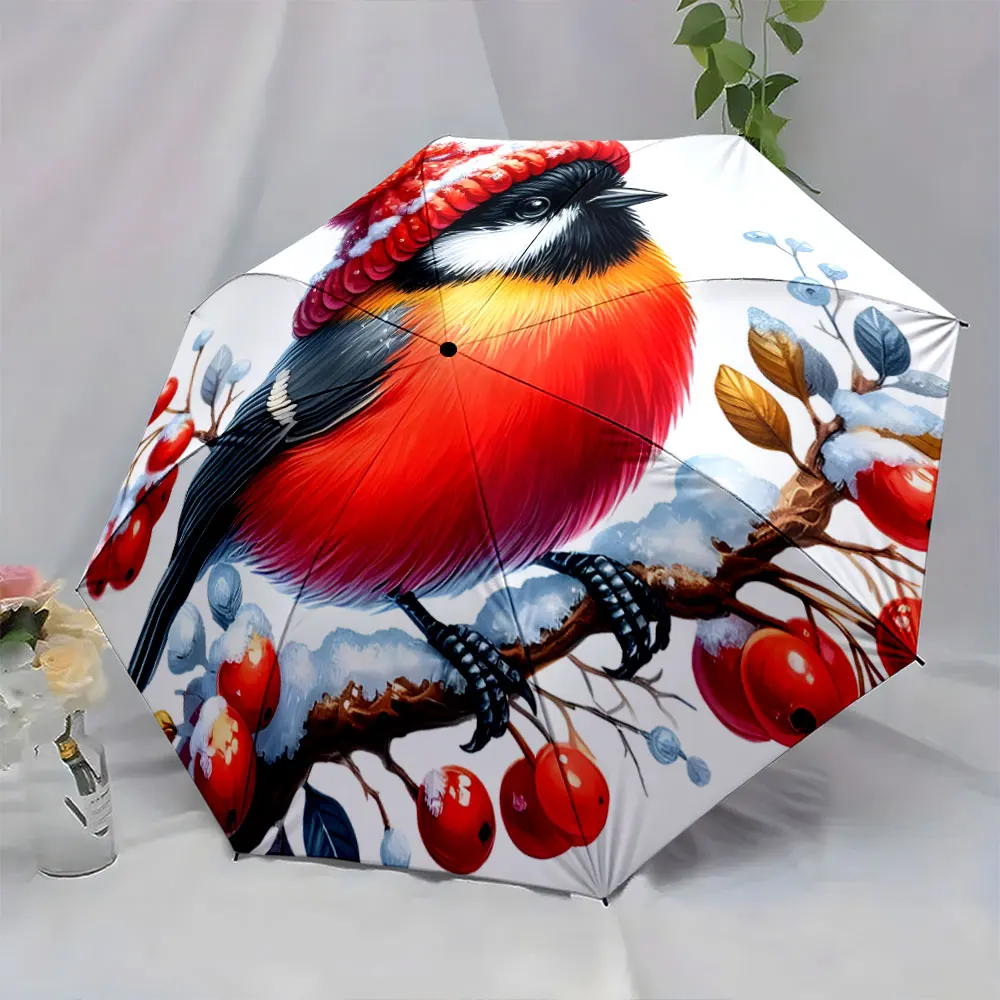1PC Colorful Bird and Winter Berries Design Umbrella Print 8 Iron Ribs Folding Umbrella Auto-Open Fashion Sunshade