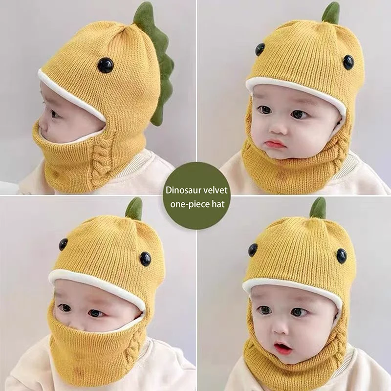 1 Piece Cute Cartoon Dinosaur Infant Ear Protection Hat Winter Baby Beanie Cap Scarf Funny Warm Knitted Boys Girls Balaclava Hat