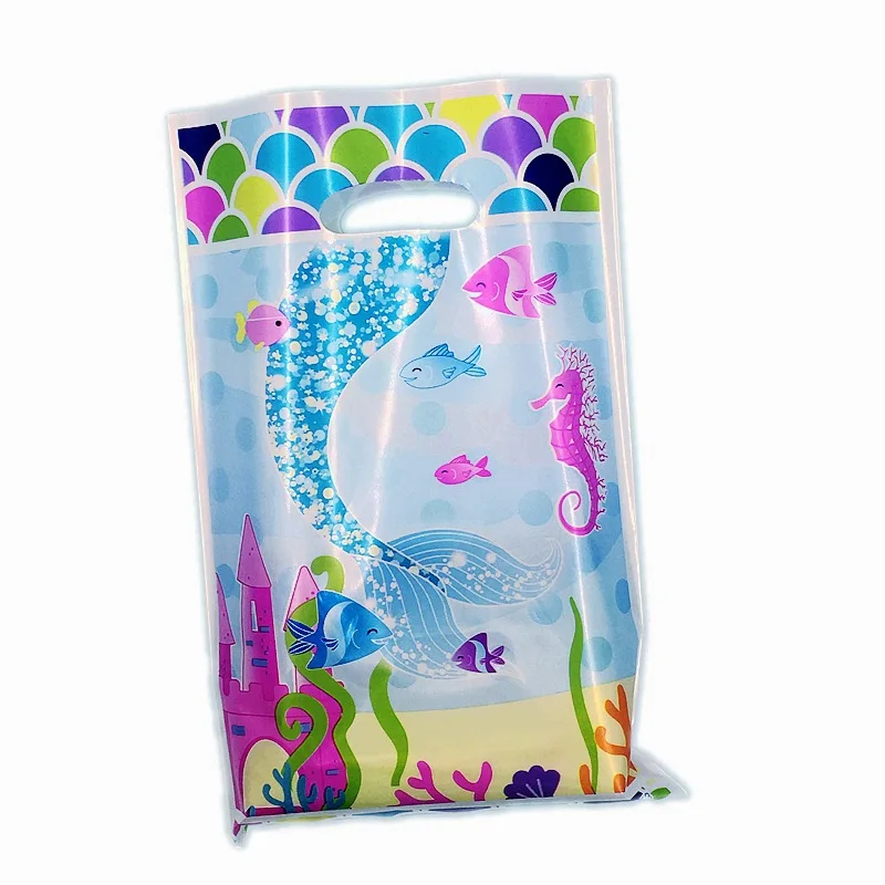 Mermaid Cartoon Plastic Gift Bag for Children, Birthday Party, Ocean Theme, Party Supplies, Decorações, Girl, Return, Goody