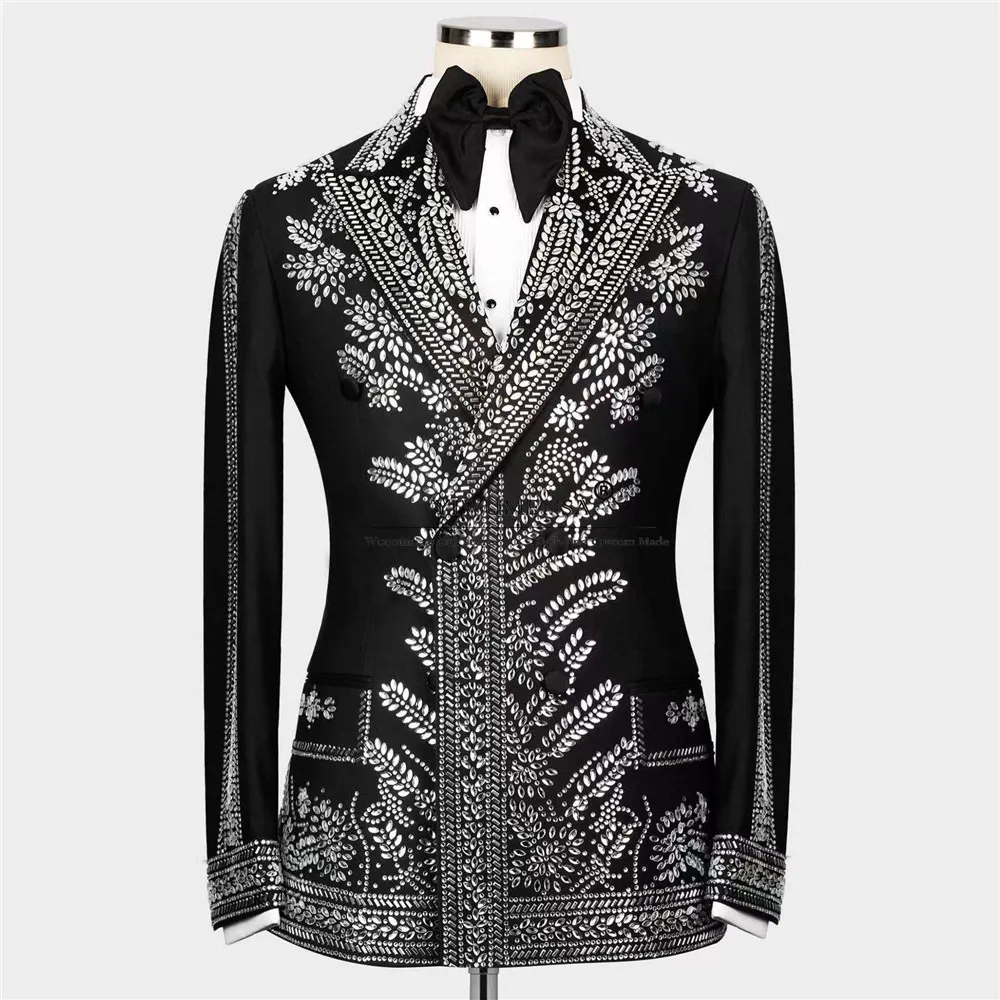 Exquisited Handmade Groom Wedding Tuxedos Sliver Beaded Rhinestone Double Breated Jacket Pants 2 Pieces Male Fashion Clothing