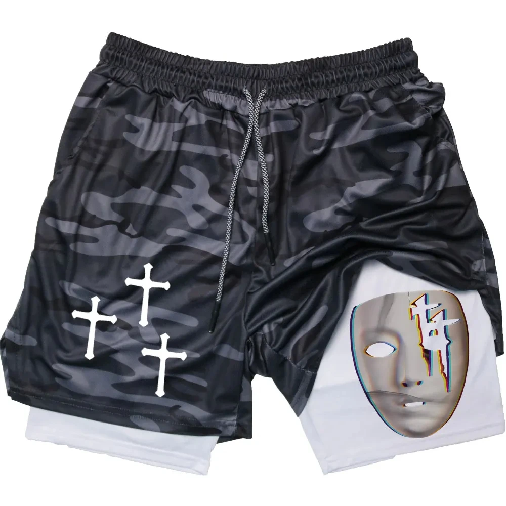 New Men\'s Shorts with Jesus Cross Print Sports Shorts 2-in-1 Mesh Quick Drying Fashionable Jogging Leisure Gym Training Shorts