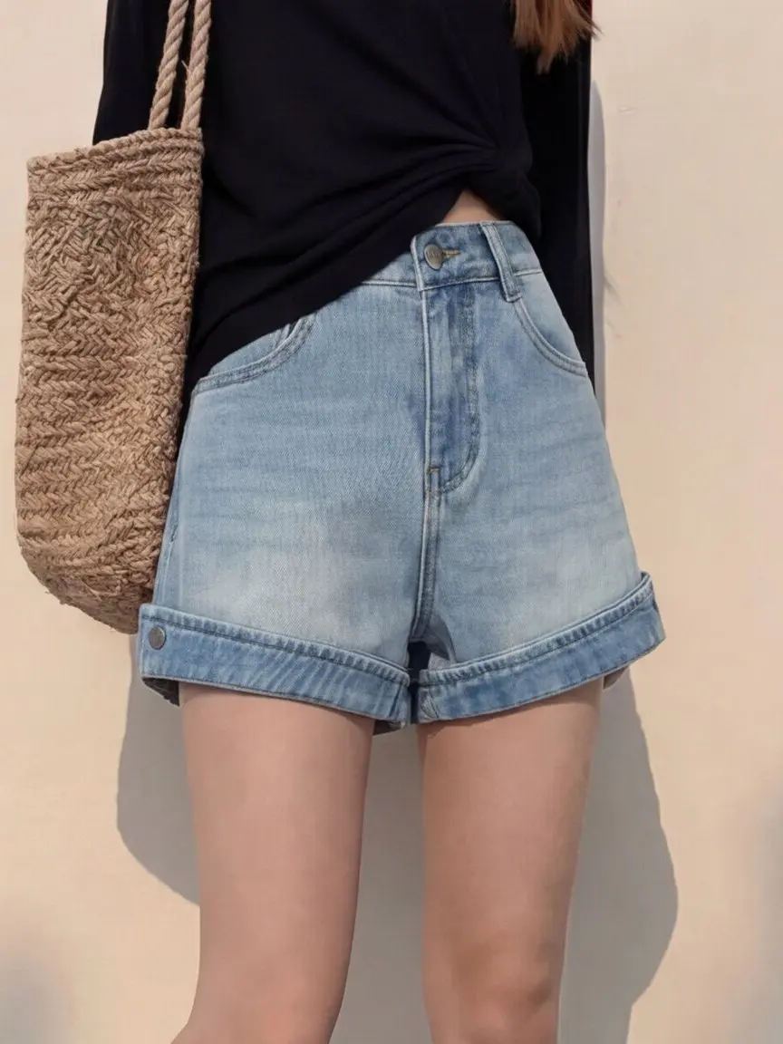 High Waist Washed Blue Jeans Shorts Women's Summer New Style Loose Slimming Versatile Short Leggings Cuffed Wide Leg Pants
