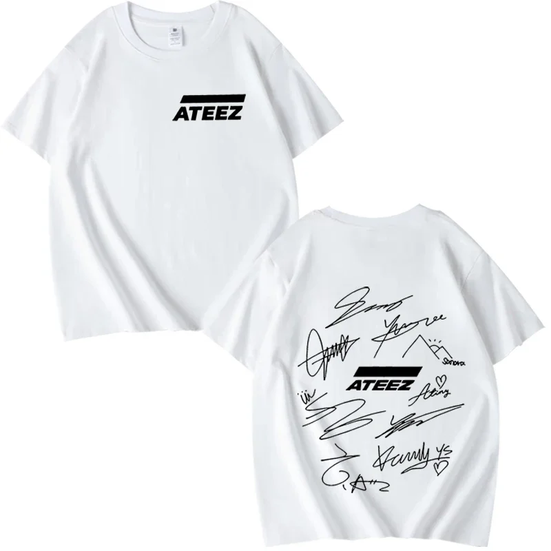 ATEEZ World Tour with Band Member Signatures & Geometric Back Print T Shirt men women  Summer Unisex tops