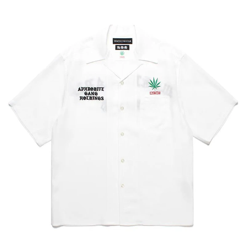 

Wacko Maria Shirt Streetwear Brand Men Women Short Sleeve Back Gothic Letter Embroidered Hawaiian Casual Shirt